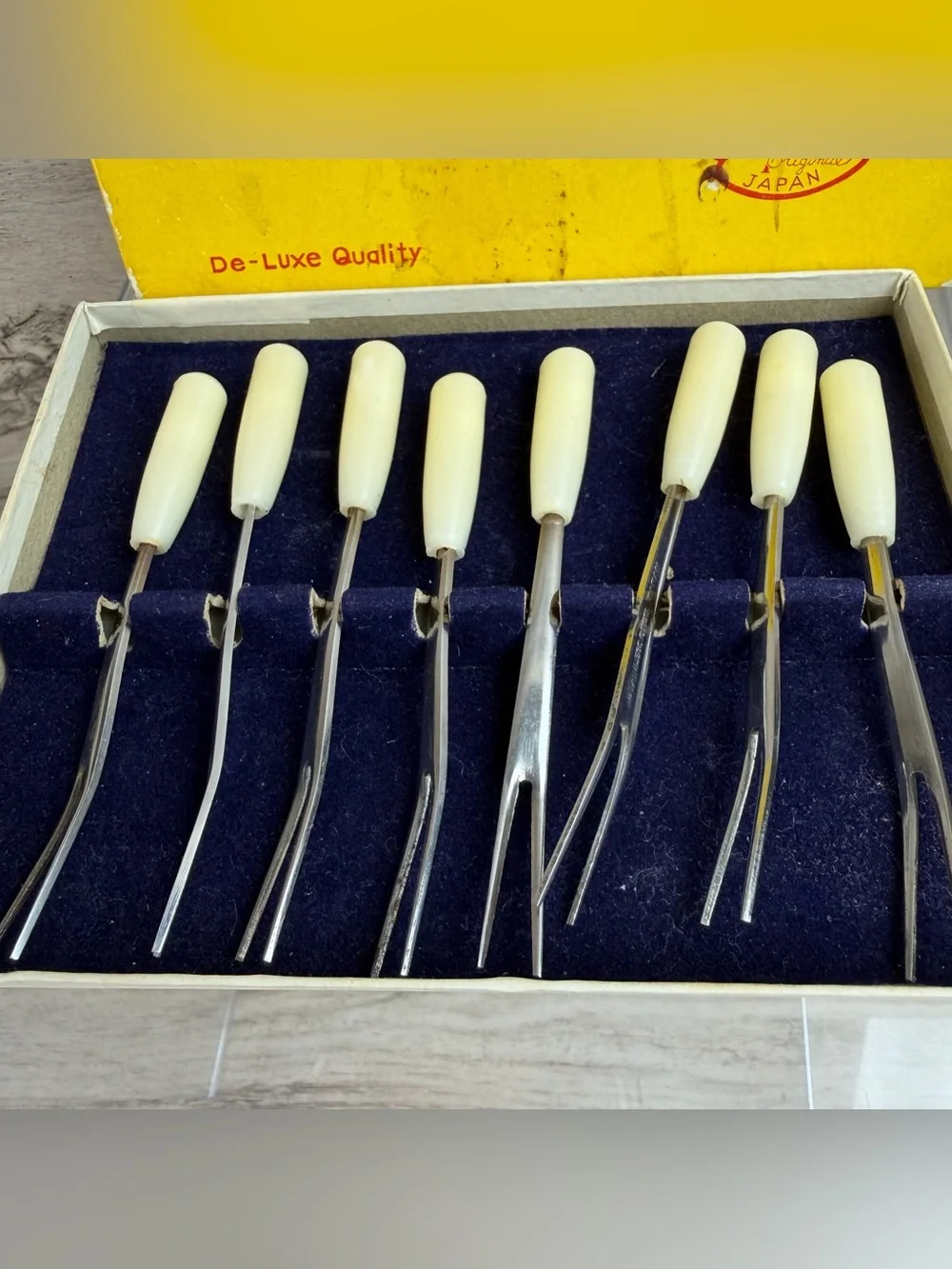 Vintage 8 Pc Stainless Steel Hors D'oeuvre Forks MCM De Lux Quality Finish